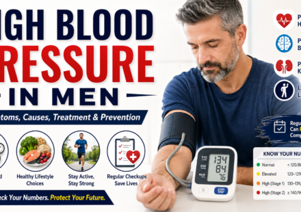 Middle-aged man checking his blood pressure at home with information about high blood pressure symptoms, causes, treatment, and prevention.