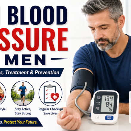Middle-aged man checking his blood pressure at home with information about high blood pressure symptoms, causes, treatment, and prevention.