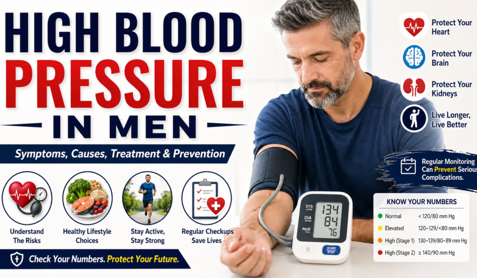 Middle-aged man checking his blood pressure at home with information about high blood pressure symptoms, causes, treatment, and prevention.