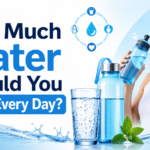 Woman holding a water bottle beside a glass of water with the title “How Much Water Should You Drink Every Day?”