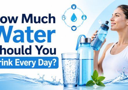 Woman holding a water bottle beside a glass of water with the title “How Much Water Should You Drink Every Day?”