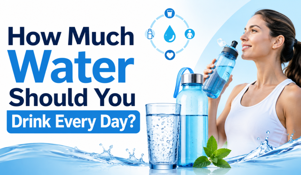 Woman holding a water bottle beside a glass of water with the title “How Much Water Should You Drink Every Day?”