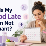 Woman holding a calendar and negative pregnancy test while considering common causes of a late period.