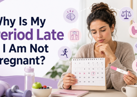 Woman holding a calendar and negative pregnancy test while considering common causes of a late period.