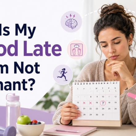 Woman holding a calendar and negative pregnancy test while considering common causes of a late period.