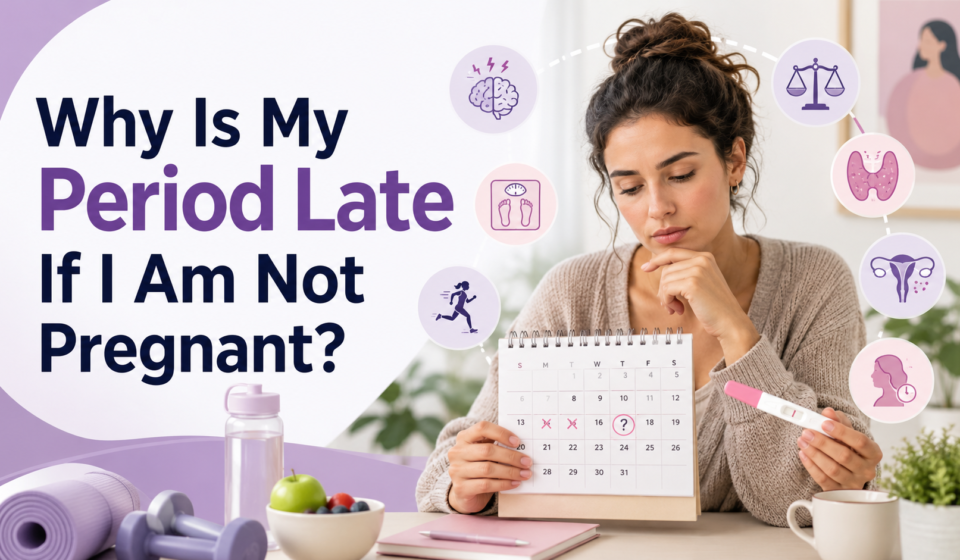 Woman holding a calendar and negative pregnancy test while considering common causes of a late period.