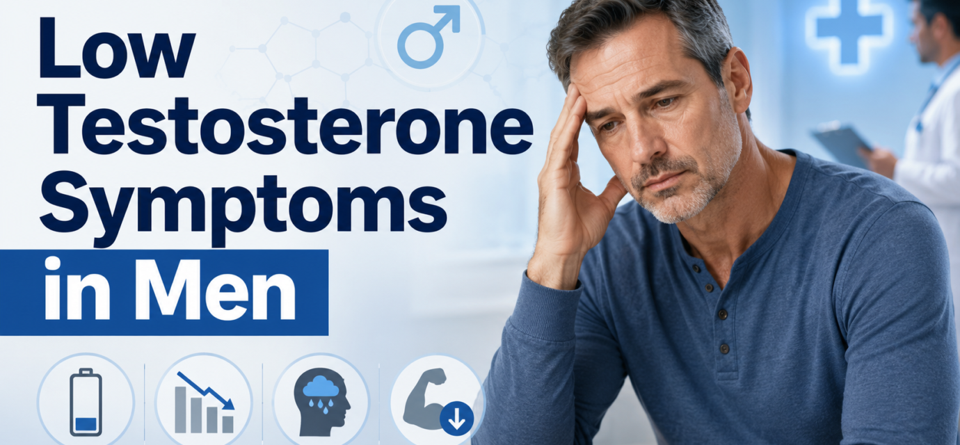 Middle-aged man experiencing fatigue and low energy linked to low testosterone symptoms in men.