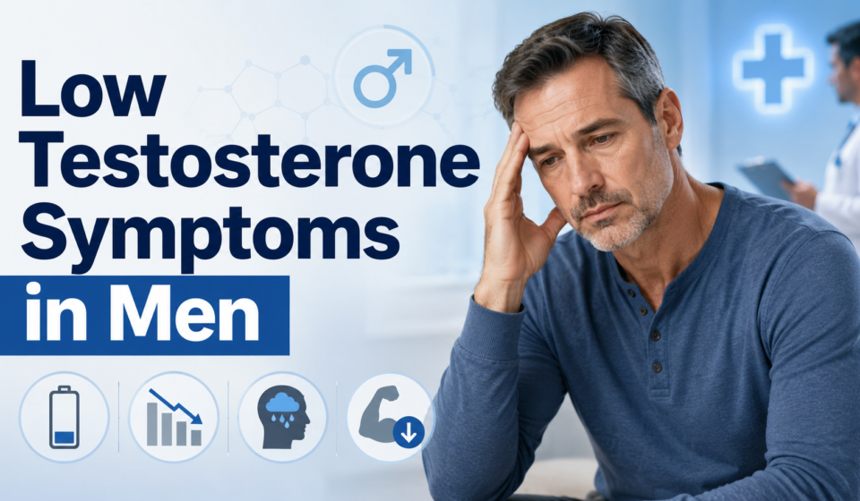 Middle-aged man experiencing fatigue and low energy linked to low testosterone symptoms in men.