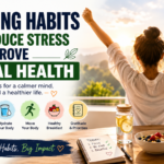 A woman stretches in the morning sunlight beside a healthy breakfast, water, and gratitude journal, illustrating simple morning habits that reduce stress and support better mental health.