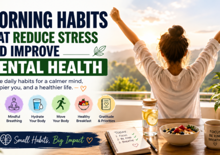 A woman stretches in the morning sunlight beside a healthy breakfast, water, and gratitude journal, illustrating simple morning habits that reduce stress and support better mental health.
