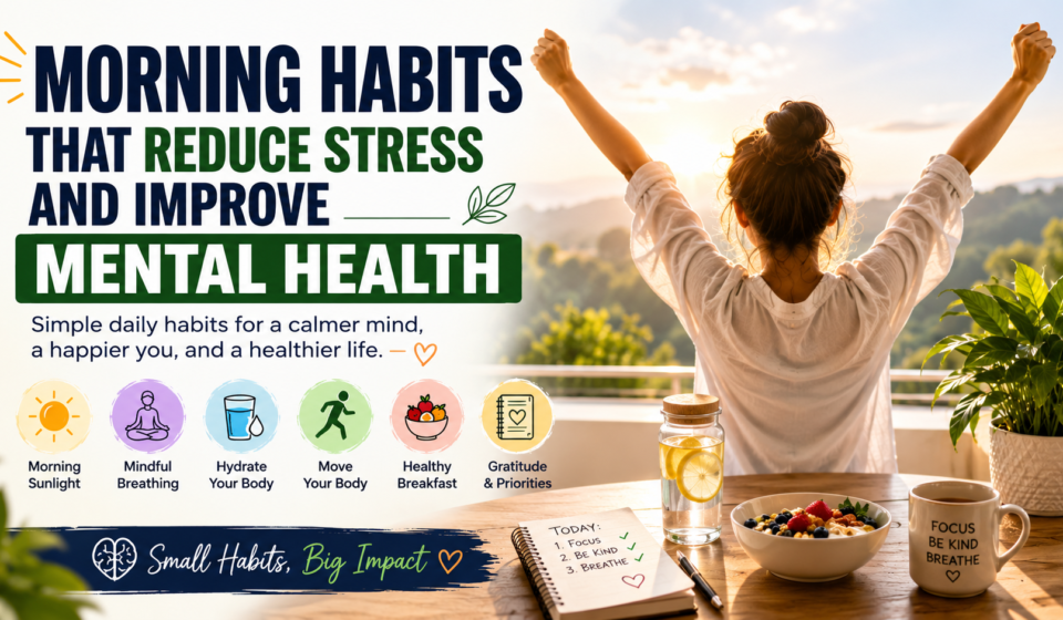 A woman stretches in the morning sunlight beside a healthy breakfast, water, and gratitude journal, illustrating simple morning habits that reduce stress and support better mental health.