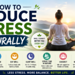 How to Reduce Stress Naturally infographic showing meditation, exercise, healthy eating, sleep, mindfulness, and science-based stress relief techniques for better mental wellness