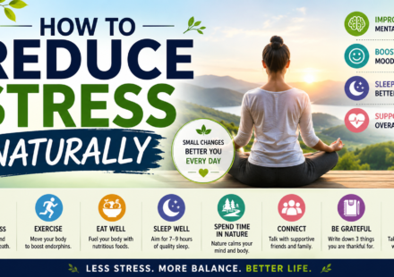 How to Reduce Stress Naturally infographic showing meditation, exercise, healthy eating, sleep, mindfulness, and science-based stress relief techniques for better mental wellness