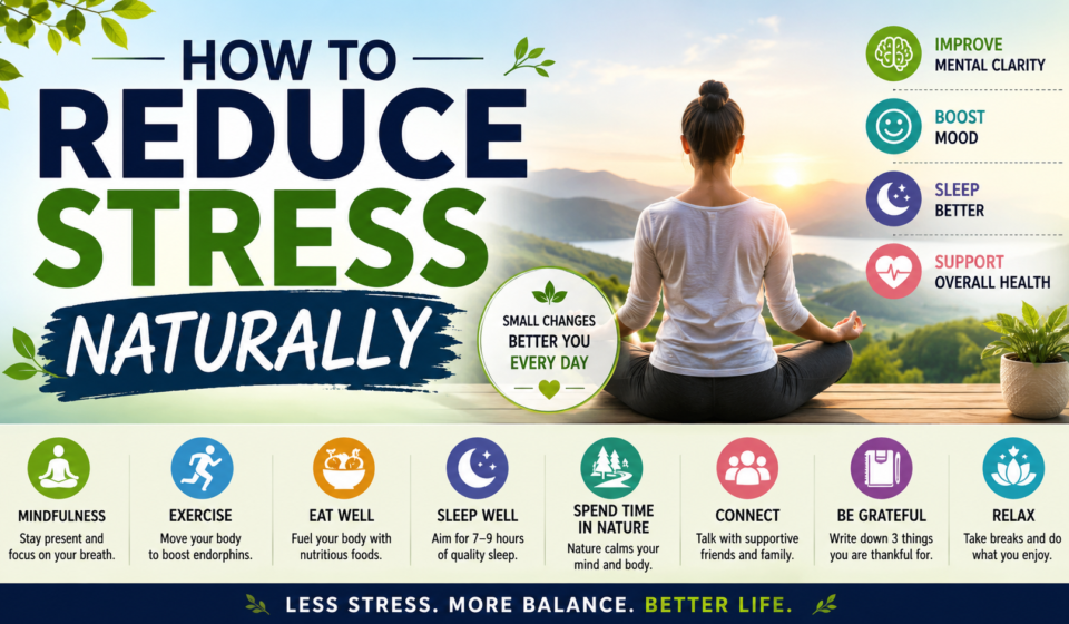 How to Reduce Stress Naturally infographic showing meditation, exercise, healthy eating, sleep, mindfulness, and science-based stress relief techniques for better mental wellness