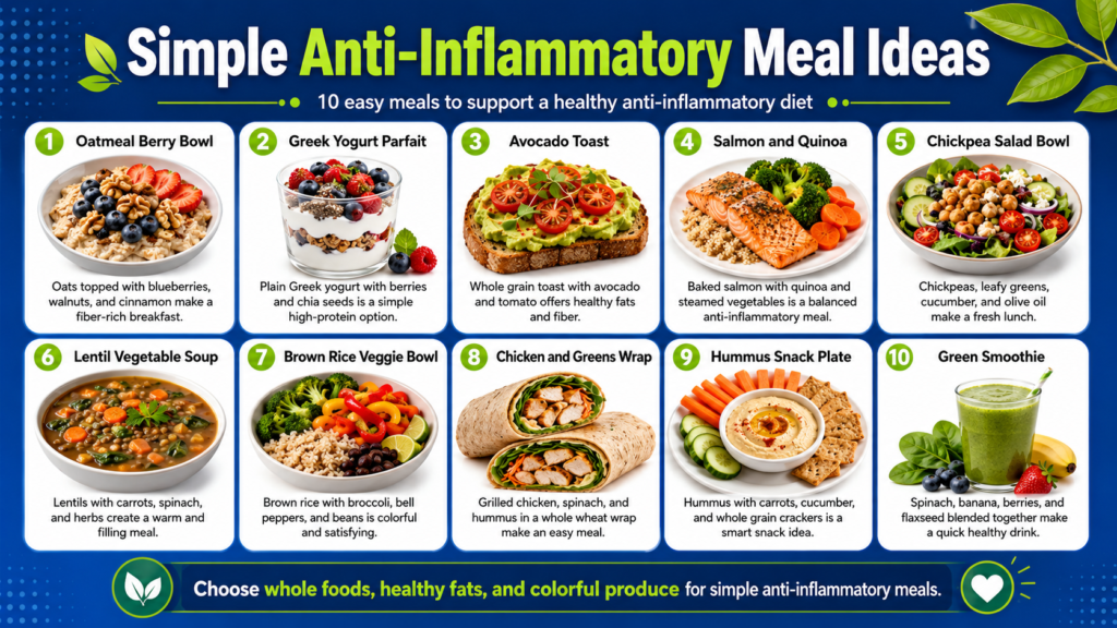 Infographic about foods that may increase inflammation, highlighting 10 commonly limited items such as sugary drinks, sweets, fried foods, processed meats, white bread, pastries, packaged snacks, trans fats, alcohol, and processed meals.