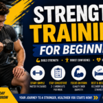 Strength Training for Beginners featured image showing a man working out in a modern gym with dumbbells, alongside beginner-friendly fitness icons highlighting proper form, consistency, recovery, and healthy nutrition.