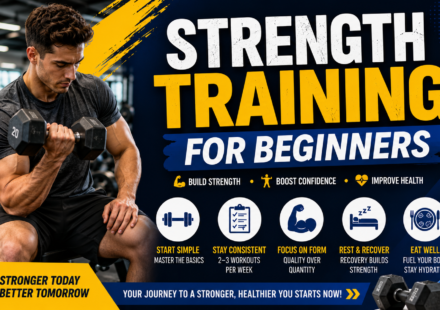 Strength Training for Beginners featured image showing a man working out in a modern gym with dumbbells, alongside beginner-friendly fitness icons highlighting proper form, consistency, recovery, and healthy nutrition.