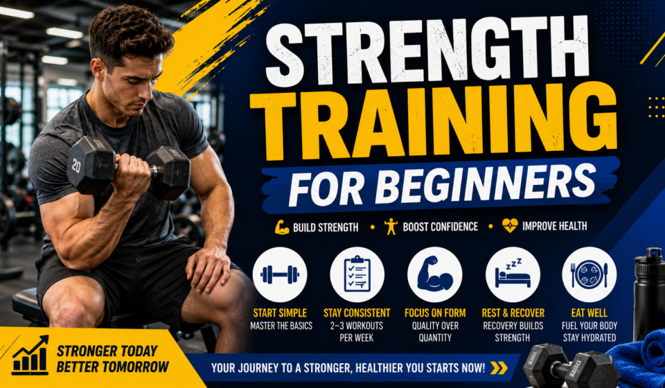 Strength Training for Beginners featured image showing a man working out in a modern gym with dumbbells, alongside beginner-friendly fitness icons highlighting proper form, consistency, recovery, and healthy nutrition.