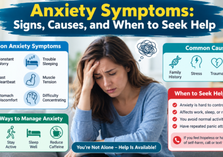 Woman experiencing anxiety with common symptoms, causes, coping tips, and signs showing when to seek professional help.
