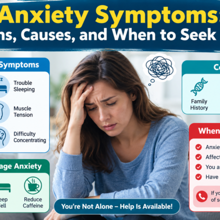 Woman experiencing anxiety with common symptoms, causes, coping tips, and signs showing when to seek professional help.