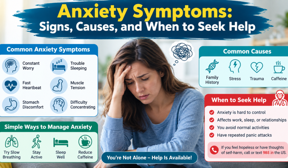 Woman experiencing anxiety with common symptoms, causes, coping tips, and signs showing when to seek professional help.
