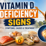 Illustration showing common vitamin D deficiency signs, healthy foods rich in vitamin D, sunlight exposure, and bone health support.