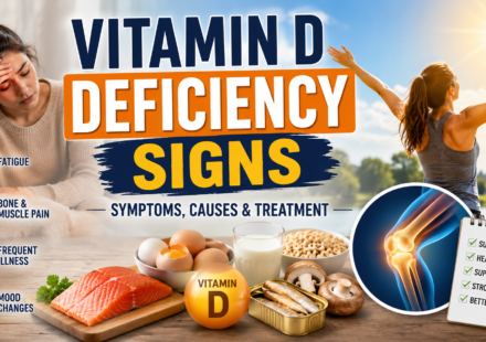 Illustration showing common vitamin D deficiency signs, healthy foods rich in vitamin D, sunlight exposure, and bone health support.