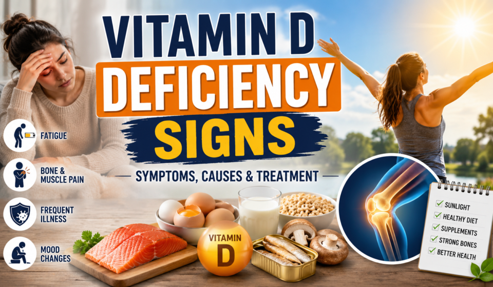 Illustration showing common vitamin D deficiency signs, healthy foods rich in vitamin D, sunlight exposure, and bone health support.