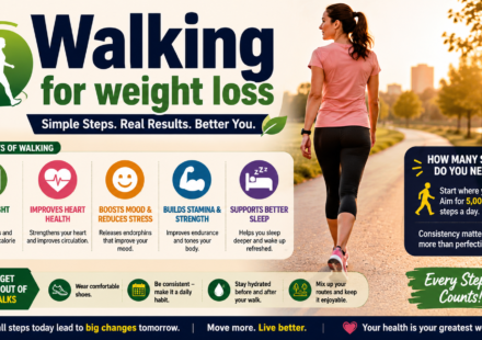 Infographic titled “Walking for Weight Loss” showing a woman walking in a sunny park, with simple benefits, step guidance, and practical walking tips.