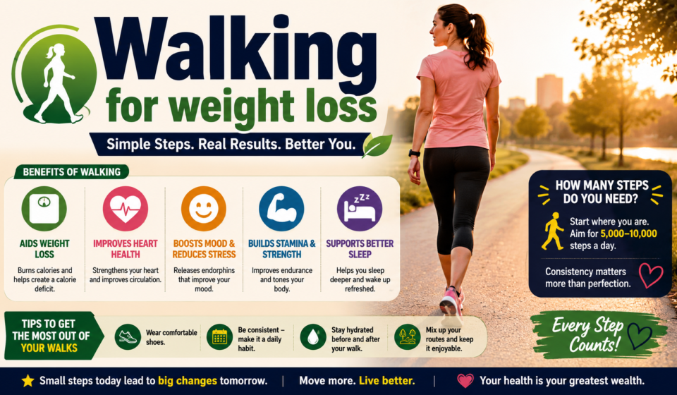 Infographic titled “Walking for Weight Loss” showing a woman walking in a sunny park, with simple benefits, step guidance, and practical walking tips.