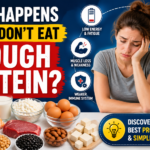 What happens if you don't eat enough protein? Infographic showing common symptoms like fatigue, muscle loss, slow healing, and healthy protein-rich foods.