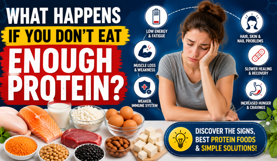 What happens if you don't eat enough protein? Infographic showing common symptoms like fatigue, muscle loss, slow healing, and healthy protein-rich foods.