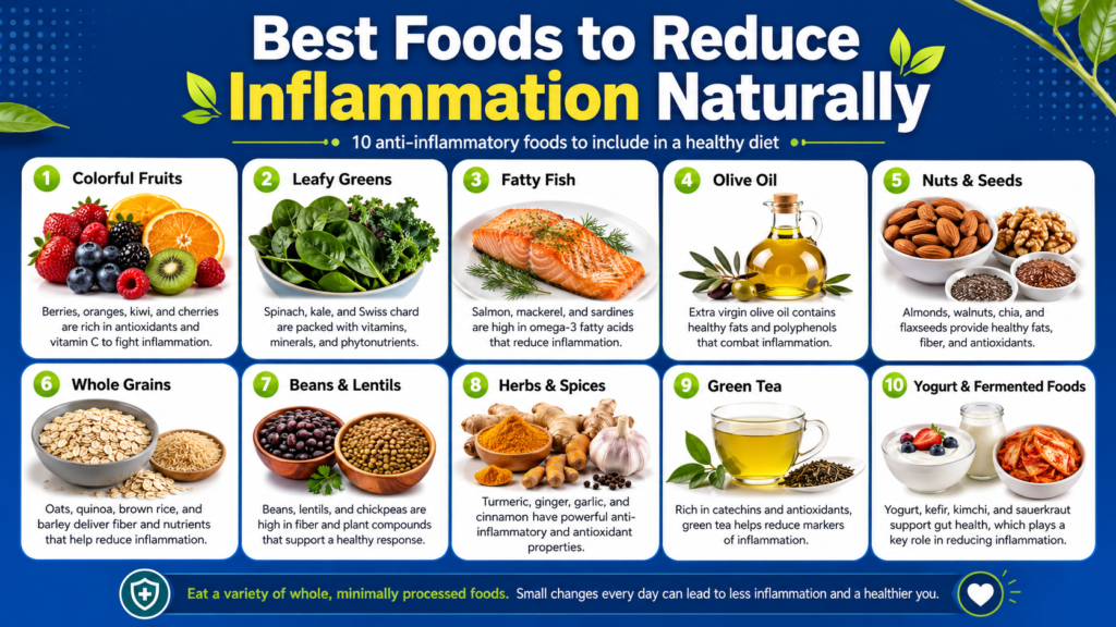 Foods that may increase inflammation infographic showing 10 foods to limit, including sugary drinks, candy and desserts, fried fast foods, processed meats, white bread, pastries, packaged snacks, foods with trans fats, alcohol, and highly processed meals.