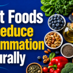Best foods to reduce inflammation naturally featuring salmon, blueberries, olive oil, avocado, nuts, seeds, and leafy greens on a blue background