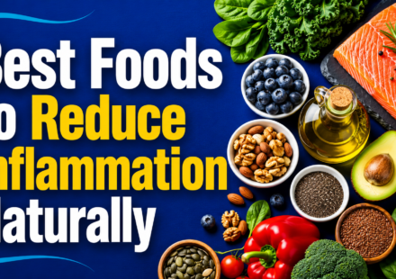 Best foods to reduce inflammation naturally featuring salmon, blueberries, olive oil, avocado, nuts, seeds, and leafy greens on a blue background