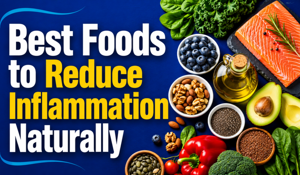 Best foods to reduce inflammation naturally featuring salmon, blueberries, olive oil, avocado, nuts, seeds, and leafy greens on a blue background