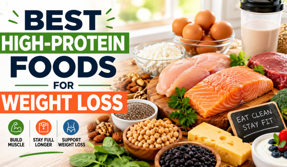 Best high-protein foods for weight loss including chicken, salmon, eggs, Greek yogurt, beans, and other healthy protein-rich foods.